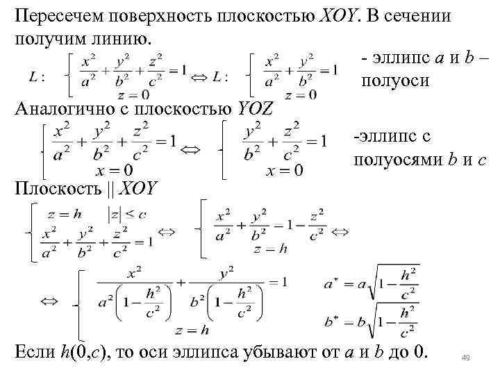 Пересечем поверхность плоскостью XOY. В сечении получим линию. - эллипс a и b –