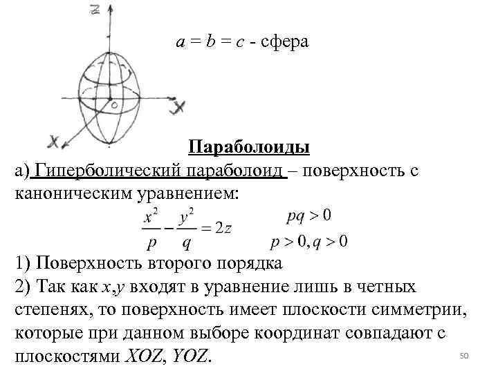 a = b = с - сфера Параболоиды а) Гиперболический параболоид – поверхность с