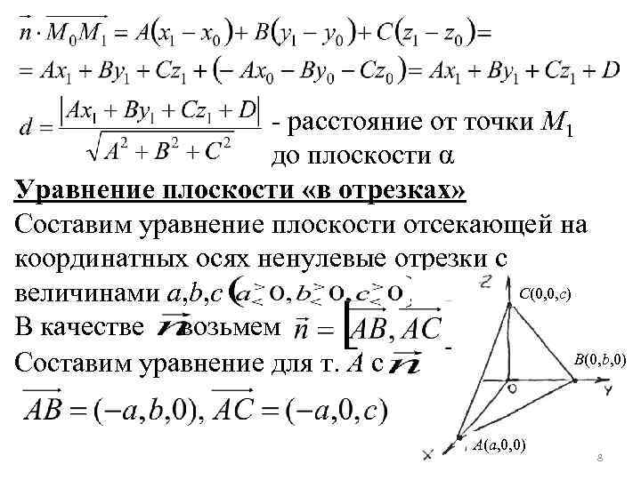 - расстояние от точки M 1 до плоскости α Уравнение плоскости «в отрезках» Составим