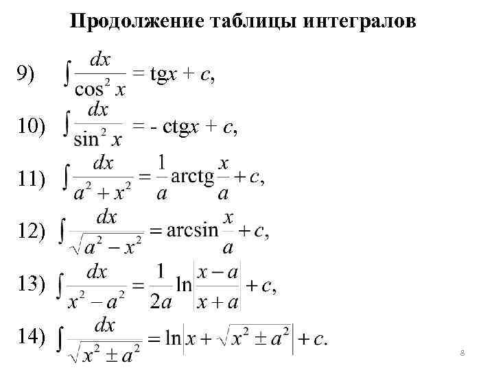 Продолжение таблицы интегралов 9) = tgx + c, 10) = - ctgx + c,