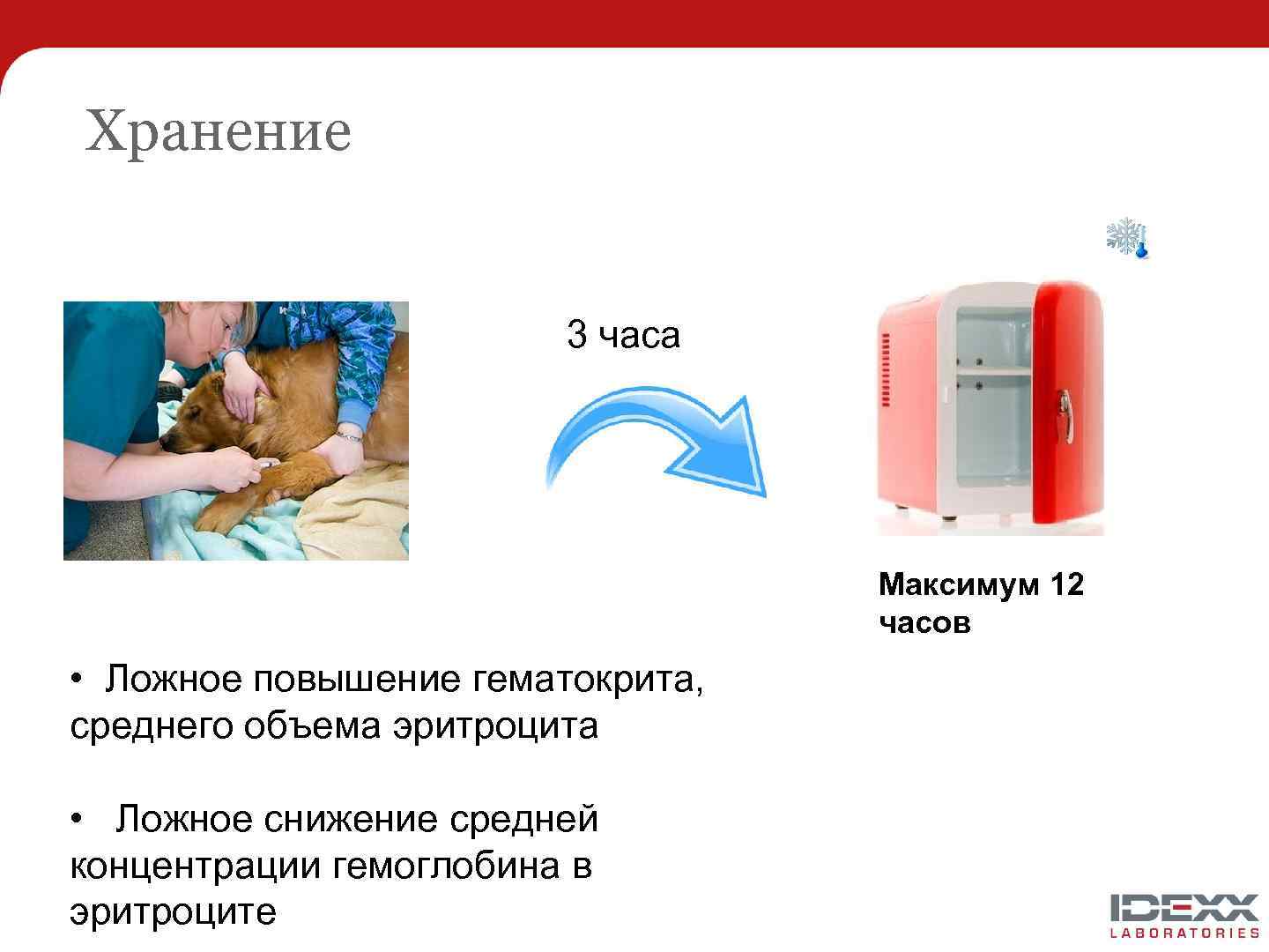 Хранение 3 часа Максимум 12 часов • Ложное повышение гематокрита, среднего объема эритроцита •