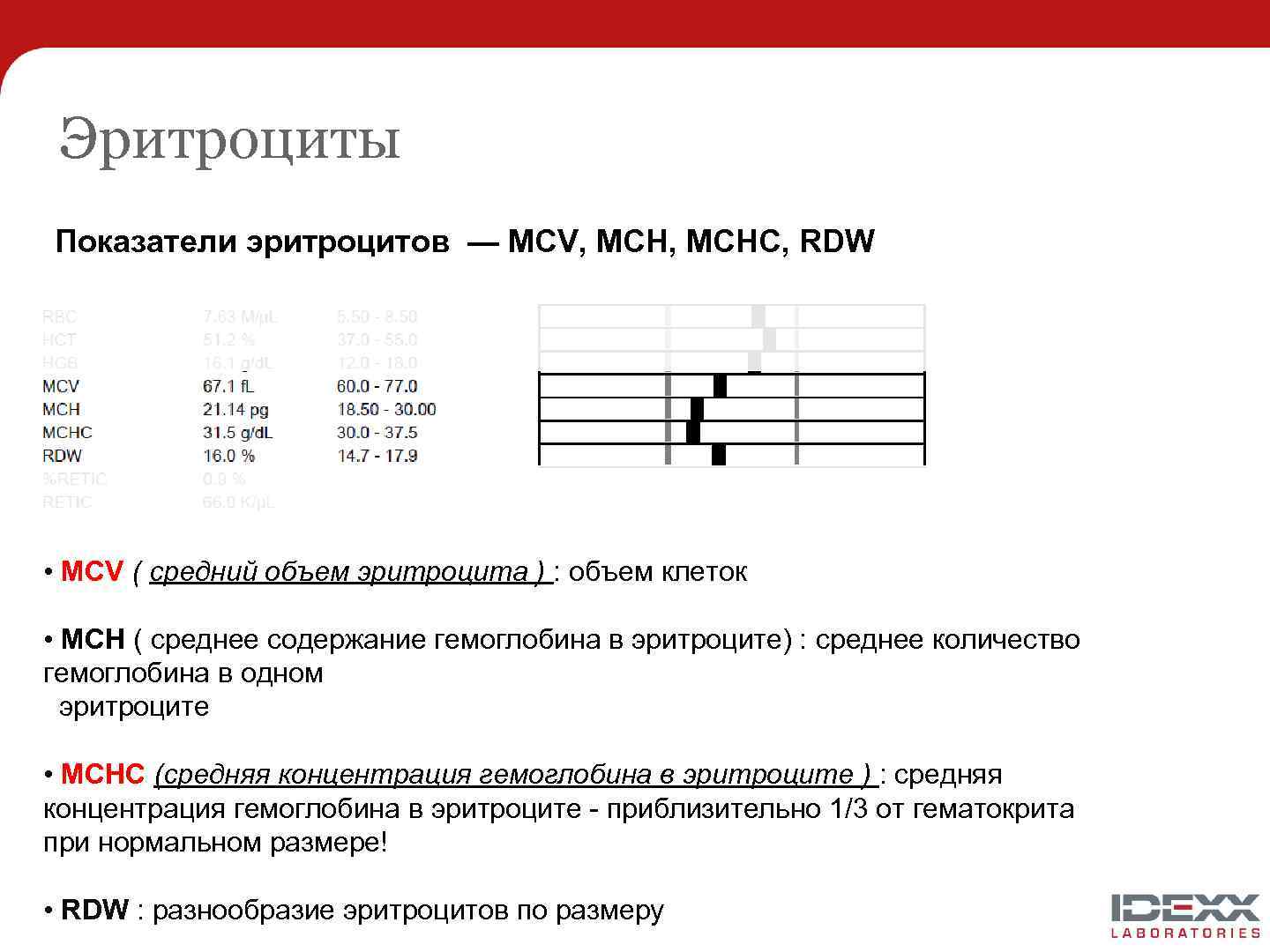 Эритроциты Показатели эритроцитов — MCV, MCHC, RDW • MCV ( средний объем эритроцита )