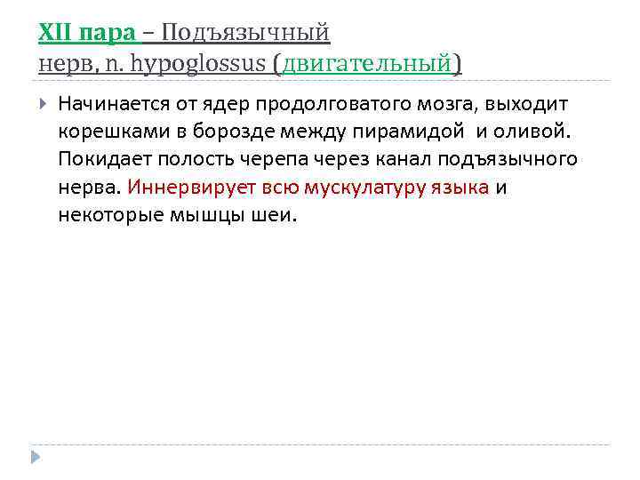ХІІ пара – Подъязычный нерв, n. hypoglossus (двигательный) Начинается от ядер продолговатого мозга, выходит