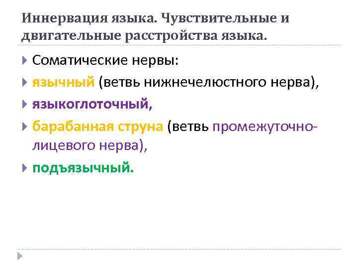 Иннервация языка. Чувствительные и двигательные расстройства языка. Соматические нервы: язычный (ветвь нижнечелюстного нерва), языкоглоточный,