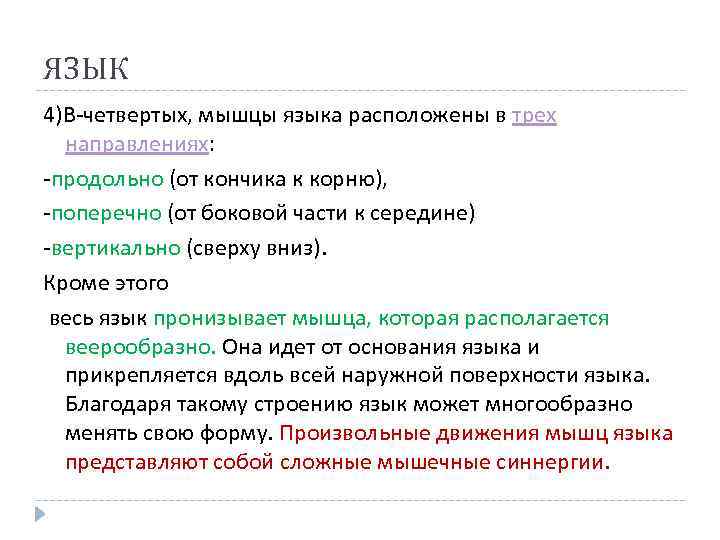 ЯЗЫК 4)В-четвертых, мышцы языка расположены в трех направлениях: -продольно (от кончика к корню), -поперечно