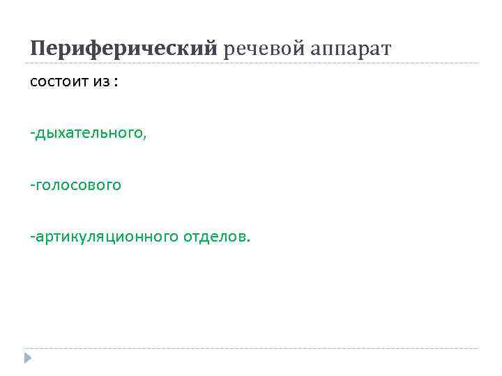 Периферический речевой аппарат состоит из : -дыхательного, -голосового -артикуляционного отделов. 