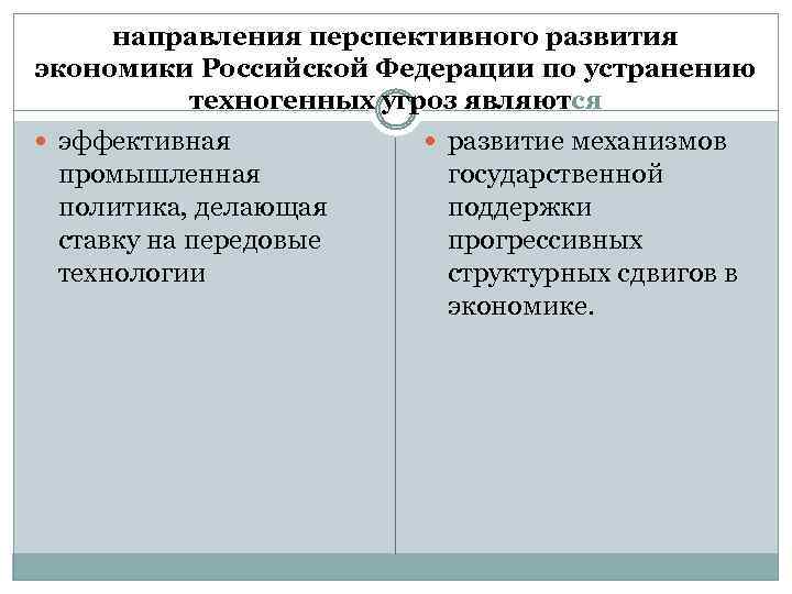 направления перспективного развития экономики Российской Федерации по устранению техногенных угроз являются эффективная промышленная политика,