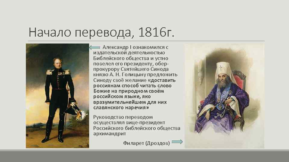 Начало перевода, 1816 г. Александр I ознакомился с издательской деятельностью Библейского общества и устно