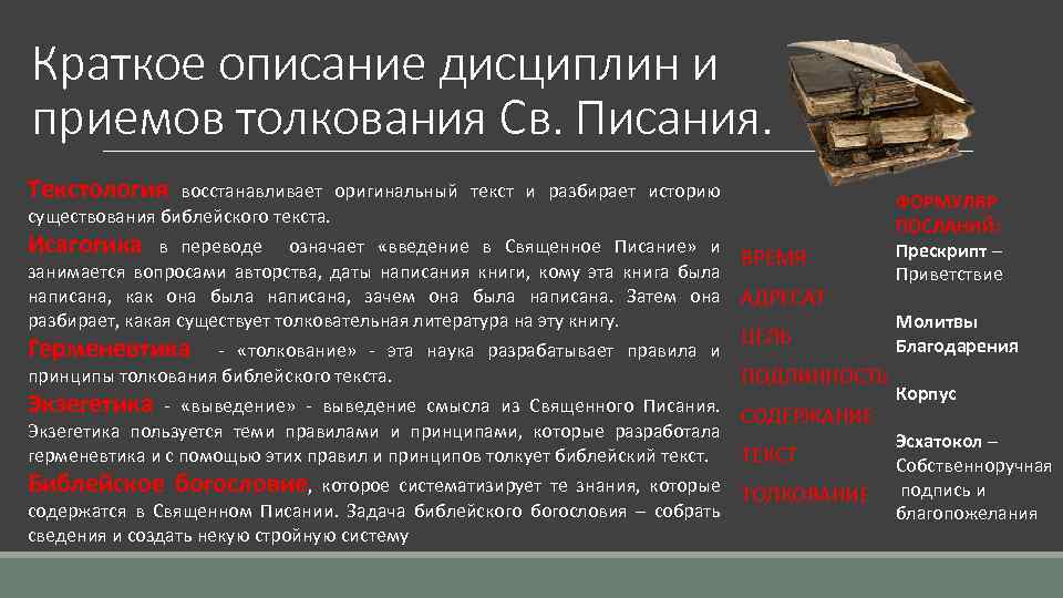 Краткое описание дисциплин и приемов толкования Св. Писания. Текстология восстанавливает оригинальный текст и разбирает