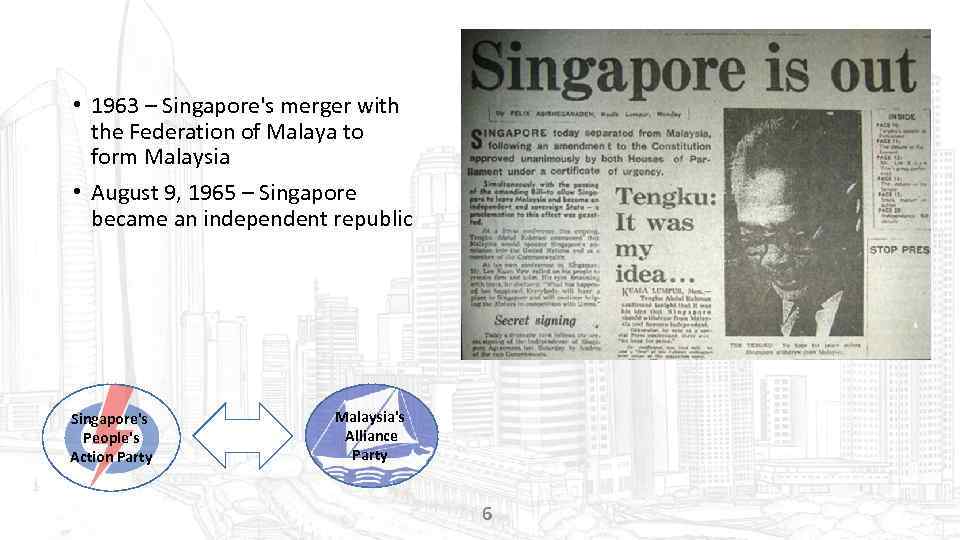  • 1963 – Singapore's merger with the Federation of Malaya to form Malaysia