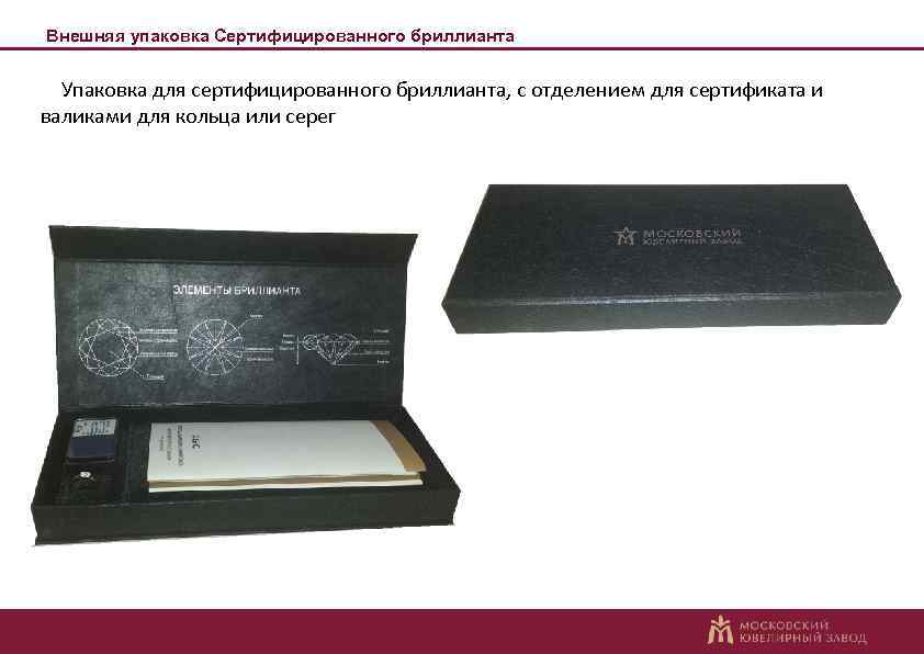 Внешняя упаковка Сертифицированного бриллианта Упаковка для сертифицированного бриллианта, с отделением для сертификата и валиками