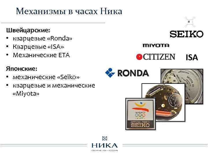 Механизмы в часах Ника 8 Швейцарские: • кварцевые «Ronda» • Кварцевые «ISA» • Механические