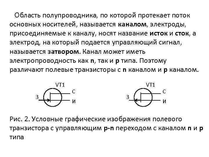 Область полупроводника, по которой протекает поток основных носителей, называется каналом, электроды, присоединяемые к каналу,