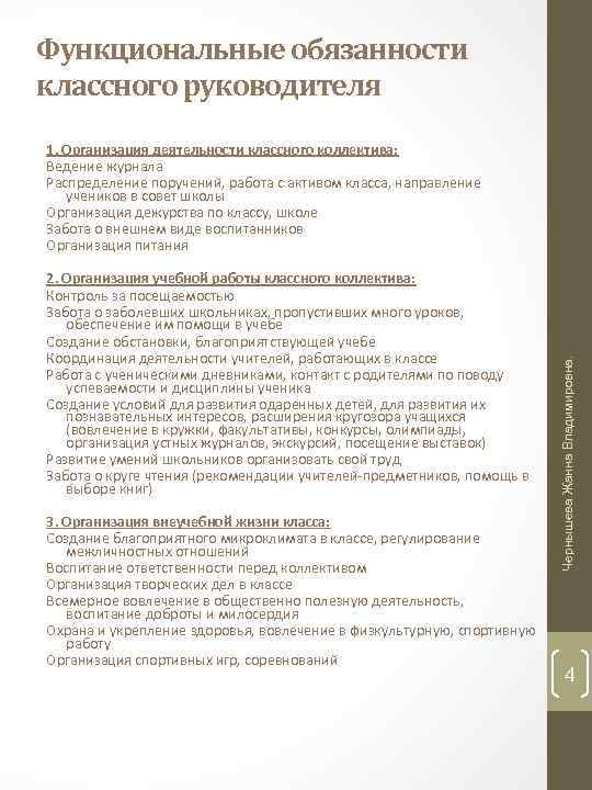 Функциональные обязанности классного руководителя 2. Организация учебной работы классного коллектива: Контроль за посещаемостью Забота
