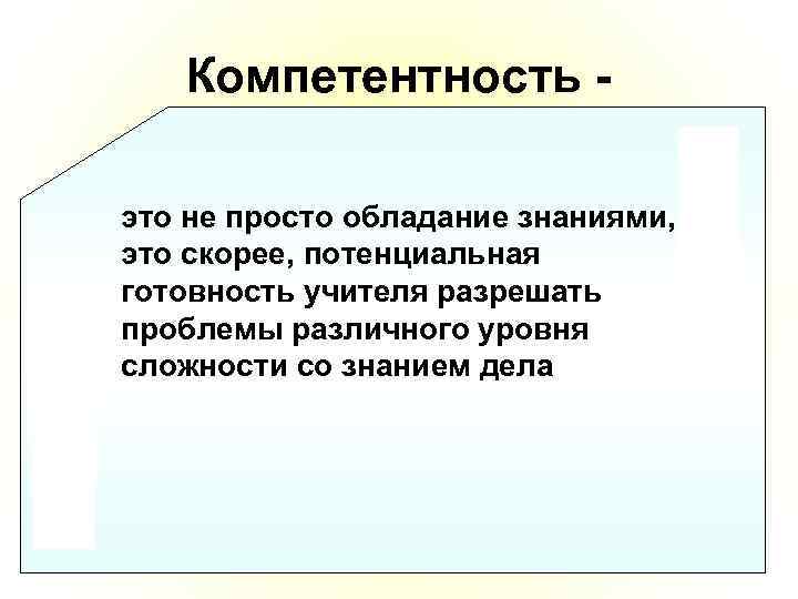 Компетентность это не просто обладание знаниями, это скорее, потенциальная готовность учителя разрешать проблемы различного