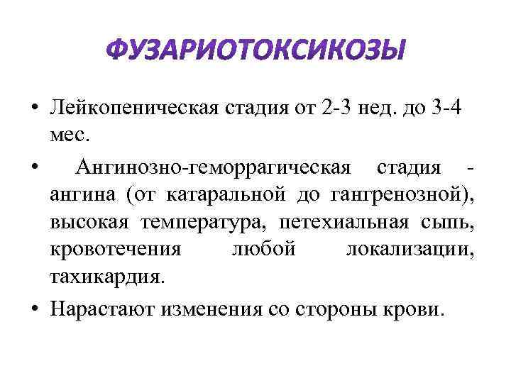  • Лейкопеническая стадия от 2 -3 нед. до 3 -4 мес. • Ангинозно-геморрагическая