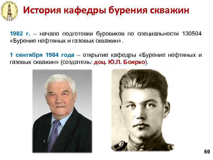 История кафедры бурения скважин 1982 г. – начало подготовки буровиков по специальности 130504 «Бурение