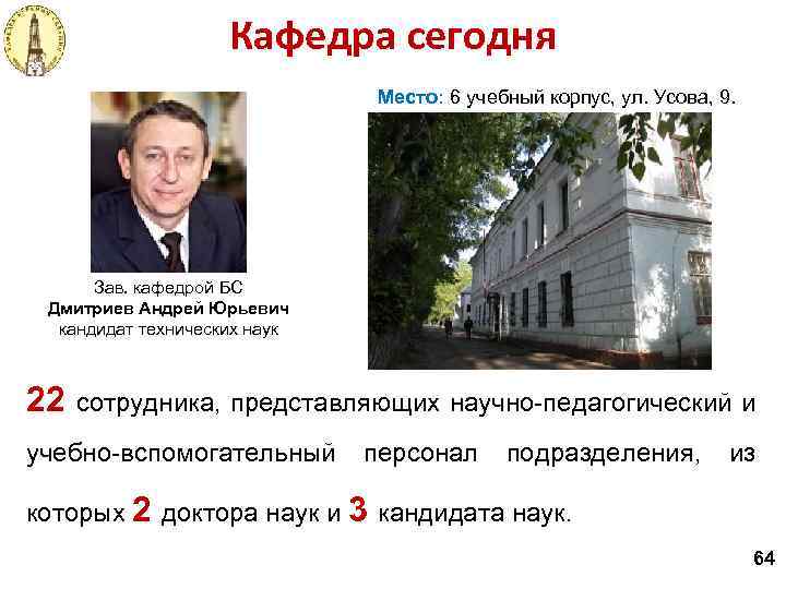 Кафедра сегодня Место: 6 учебный корпус, ул. Усова, 9. Зав. кафедрой БС Дмитриев Андрей