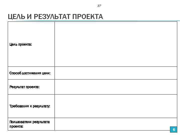 37 ЦЕЛЬ И РЕЗУЛЬТАТ ПРОЕКТА Цель проекта: Способ достижения цели: Результат проекта: Требования к