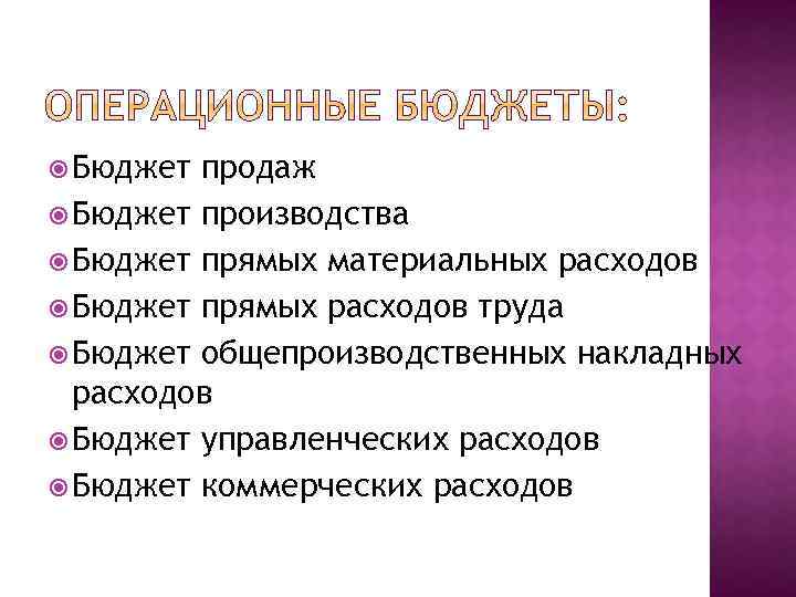  Бюджет продаж Бюджет производства Бюджет прямых материальных расходов Бюджет прямых расходов труда Бюджет