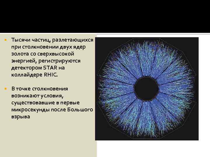  Тысячи частиц, разлетающихся при столкновении двух ядер золота со сверхвысокой энергией, регистрируются детектором