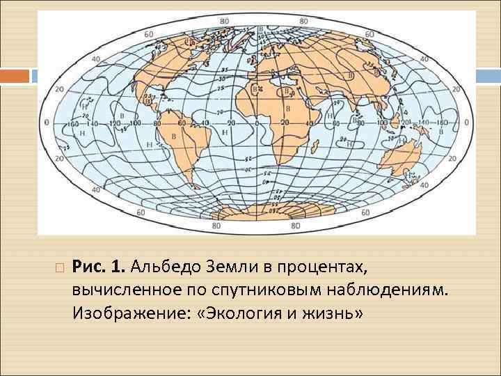  Рис. 1. Альбедо Земли в процентах, вычисленное по спутниковым наблюдениям. Изображение: «Экология и