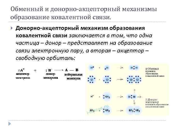 Обменный и донорно-акцепторный механизмы образование ковалентной связи. Донорно-акцепторный механизм образования ковалентной связи заключается в