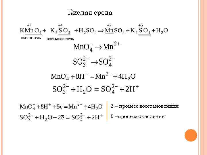 Кислая среда 2 – процесс восстановления 5 –процесс окисления 