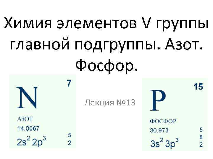 Химия элементов V группы главной подгруппы. Азот. Фосфор. Лекция № 13 