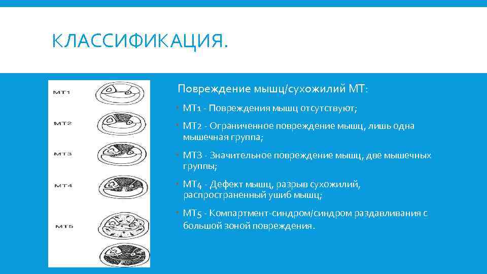 КЛАССИФИКАЦИЯ. Повреждение мышц/сухожилий МТ: МТ 1 Повреждения мышц отсутствуют; МТ 2 Ограниченное повреждение мышц,