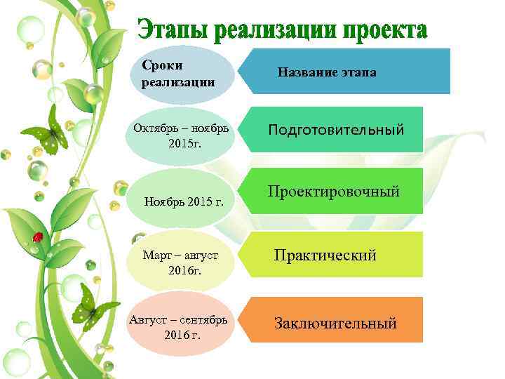 Сроки реализации Октябрь – ноябрь 2015 г. Ноябрь 2015 г. Март – август 2016