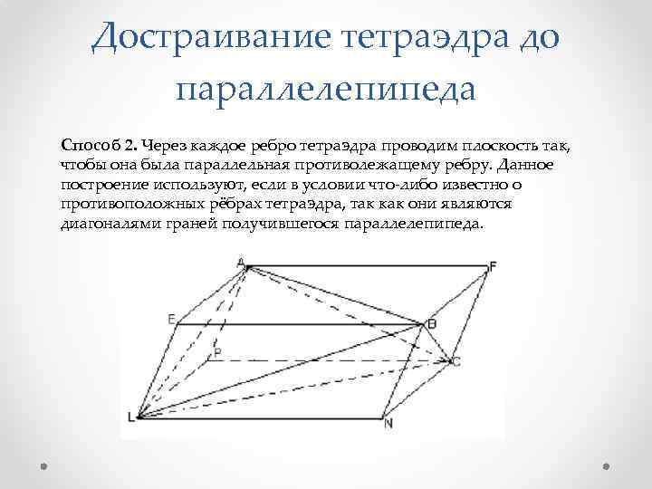 Достраивание тетраэдра до параллелепипеда Способ 2. Через каждое ребро тетраэдра проводим плоскость так, чтобы