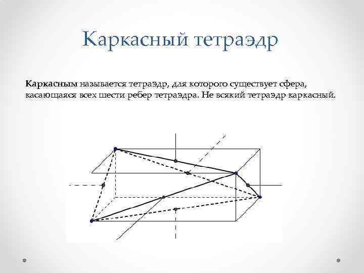 Каркасный тетраэдр Каркасным называется тетраэдр, для которого существует сфера, касающаяся всех шести ребер тетраэдра.
