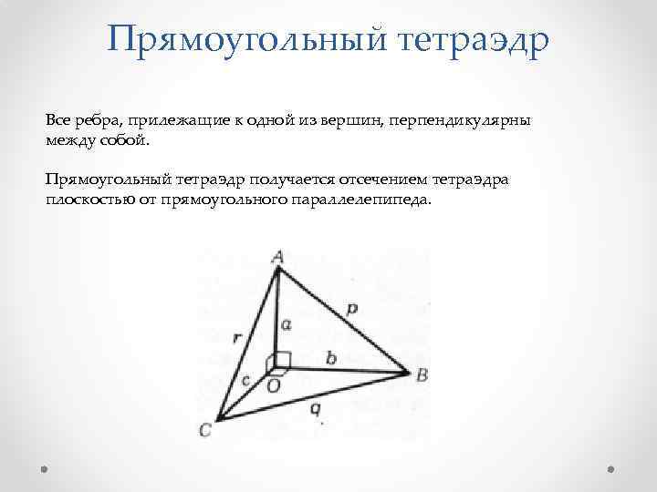 Прямоугольный тетраэдр Все ребра, прилежащие к одной из вершин, перпендикулярны между собой. Прямоугольный тетраэдр