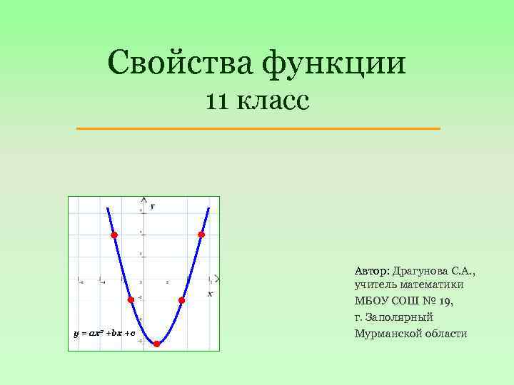 Свойства функции 11 класс y = аx 2 +bх +с Автор: Драгунова С. А.