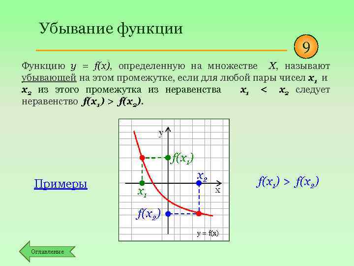 Убывание функции 9 Функцию y = f(x), определенную на множестве Х, называют убывающей на