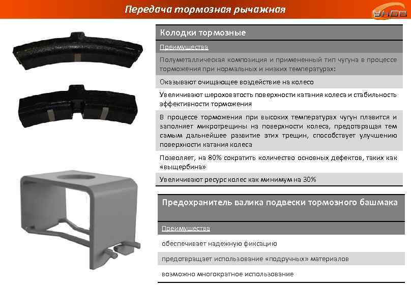 Передача тормозная рычажная Колодки тормозные Преимущества Полуметаллическая композиция и примененный тип чугуна в процессе