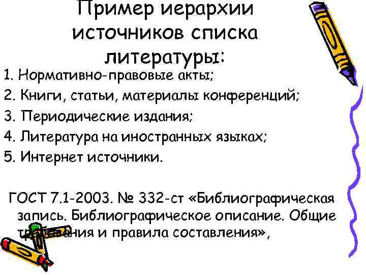 Пример иерархии источников списка литературы: 1. Нормативно-правовые акты; 2. Книги, статьи, материалы конференций; 3.