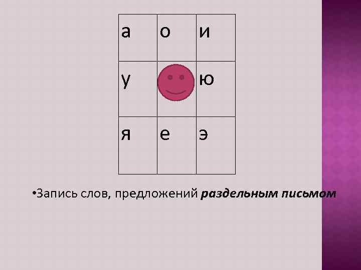 а о и у ы ю я е э • Запись слов, предложений раздельным