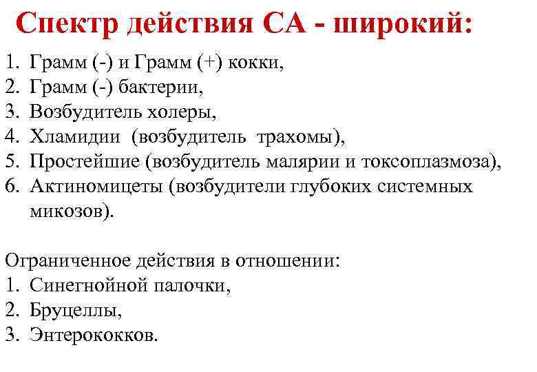 Спектр действия СА - широкий: 1. 2. 3. 4. 5. 6. Грамм (-) и