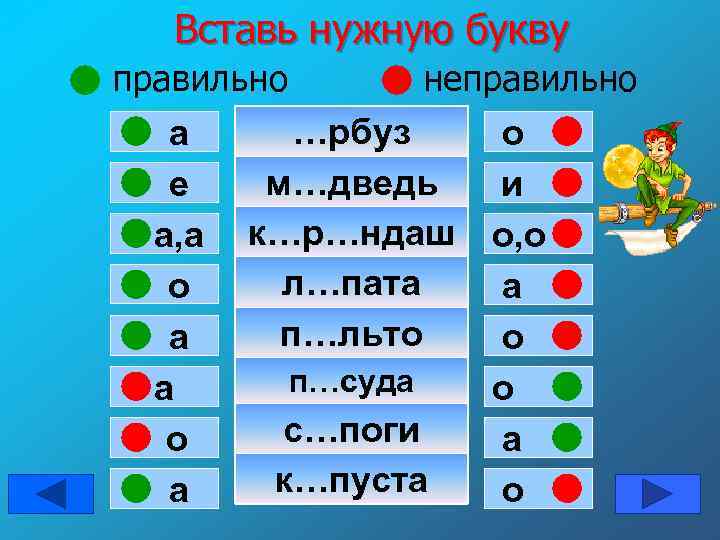 Вставь нужную букву правильно неправильно …рбуз а о м…дведь и е а, а к…р…ндаш