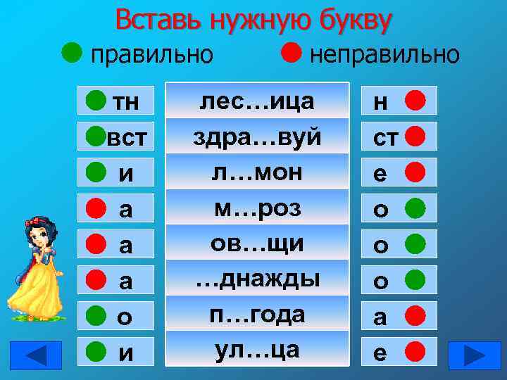 Вставь нужную букву правильно тн вст и а а а о и неправильно лес…ица