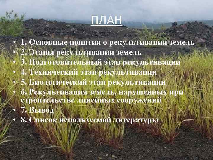 ПЛАН • • • 1. Основные понятия о рекультивации земель 2. Этапы рекультивации земель