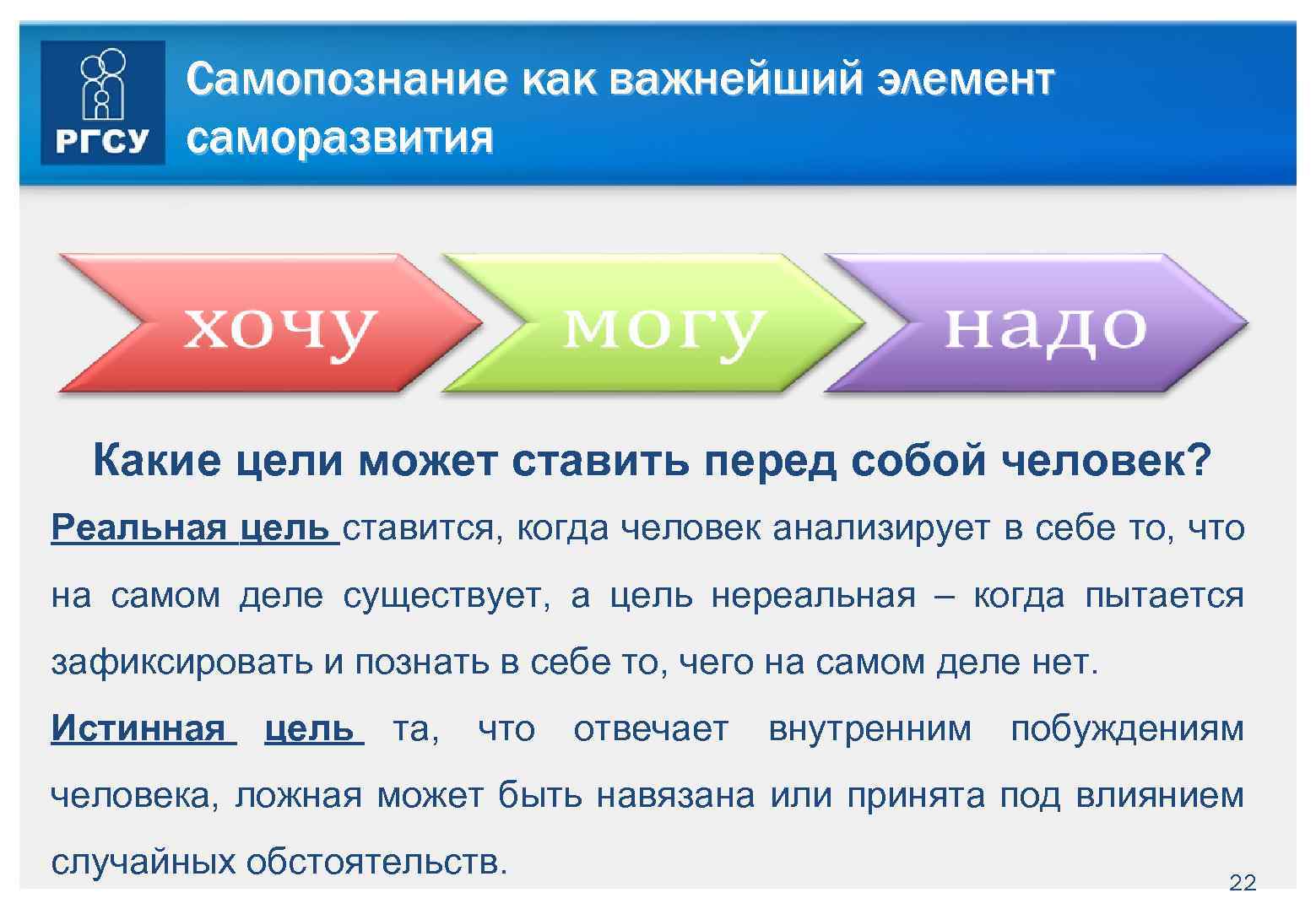 Самопознание как важнейший элемент саморазвития Какие цели может ставить перед собой человек? Реальная цель