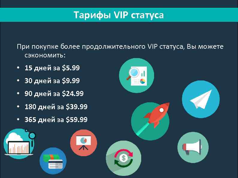 Тарифы VIP статуса При покупке более продолжительного VIP статуса, Вы можете сэкономить: • 15