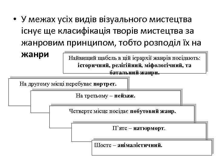  • У межах усіх видів візуального мистецтва існує ще класифікація творів мистецтва за