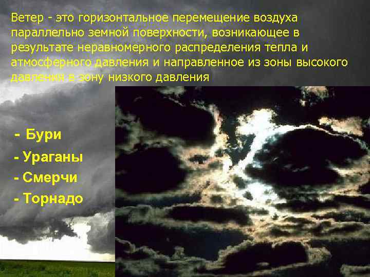 Ветер - это горизонтальное перемещение воздуха параллельно земной поверхности, возникающее в результате неравномерного распределения