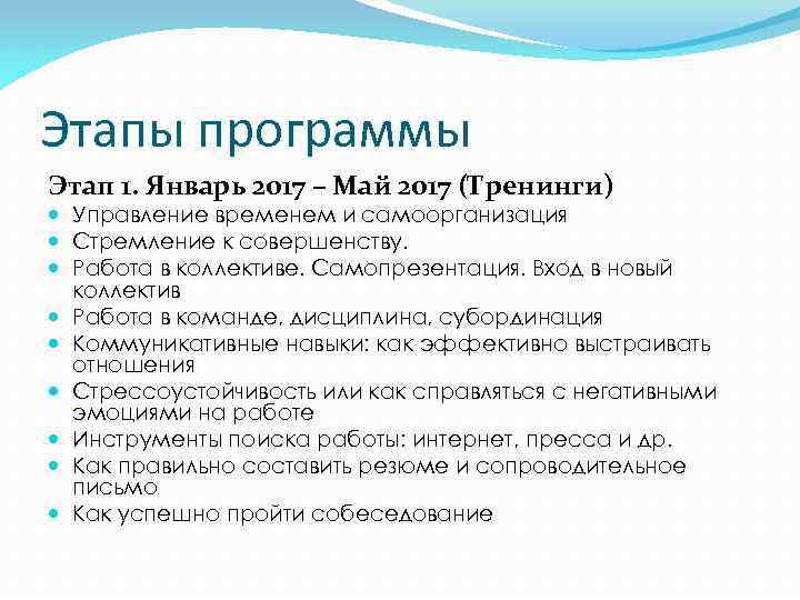 Этапы программы Этап 1. Январь 2017 – Май 2017 (Тренинги) Управление временем и самоорганизация