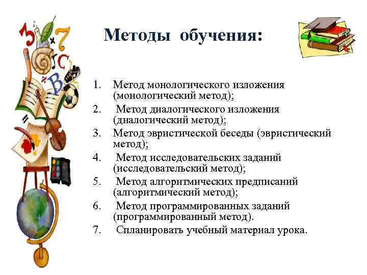 Методы обучения: 1. 2. 3. 4. 5. 6. 7. Метод монологического изложения (монологический метод);
