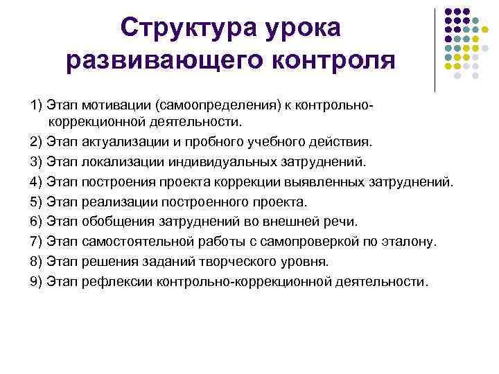 Структура урока развивающего контроля 1) Этап мотивации (самоопределения) к контрольнокоррекционной деятельности. 2) Этап актуализации